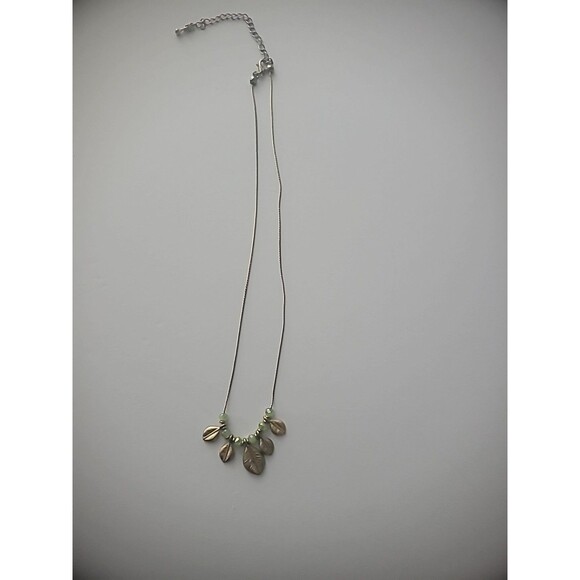 Vintage Necklace Chain Silver Tone Green Beads Gold Tone Leaves Jewelry Costume - Picture 8 of 9